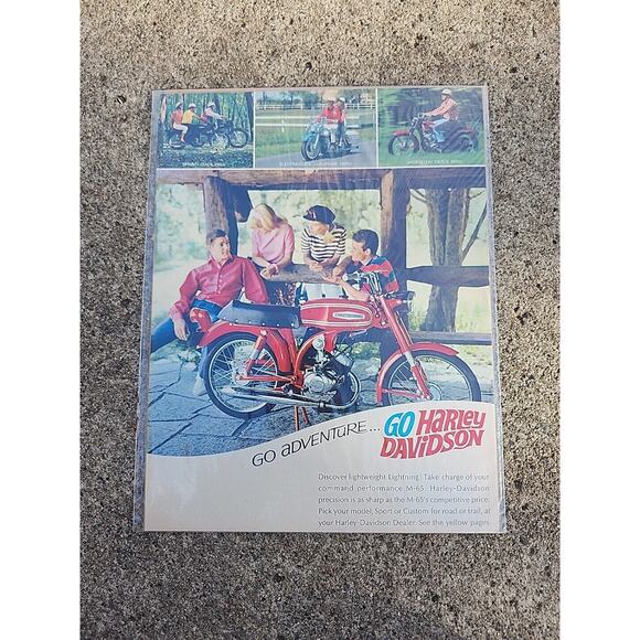 Vtg 1967 Harley Davidson Motorcycle "GO ADVENTURE" M-65 Print Ad Ephemera - Picture 1 of 4